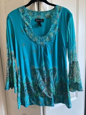 Alfani Teal Paisley Embellished Scoop-Neck Bell-Sleeve Tunic